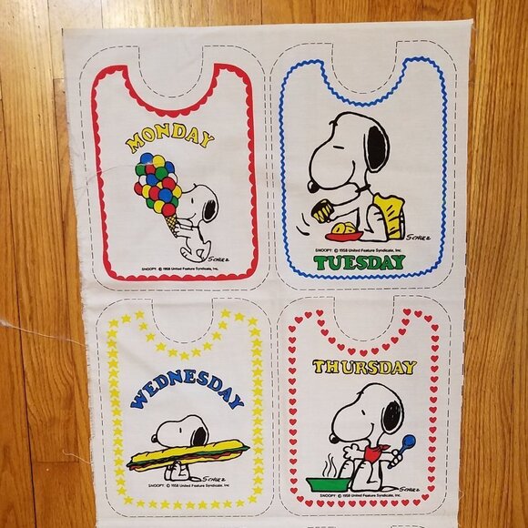 Vintage Fabric Snoopy Baby Bibs Panel Days of the Week Cotton White Background - Picture 10 of 12